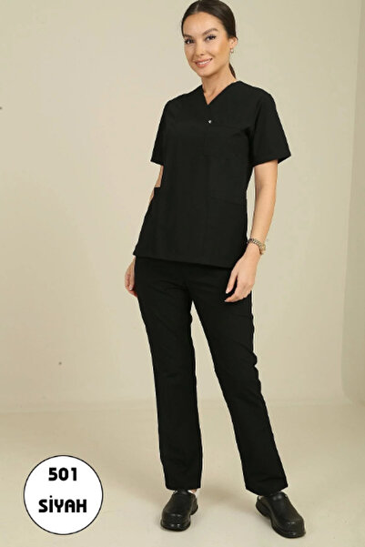 DENİZ İŞ Kadın Zarf Yaka Terycotton Scrubs Takım - Siyah