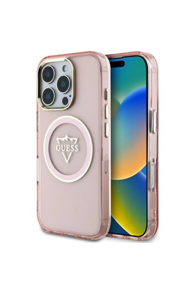 Guess Case for iPhone 16 Pro Max, IML Metal Mountain Logo MagSafe, Pink