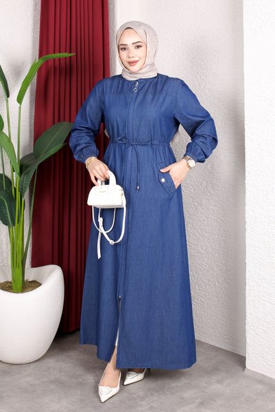 Rabia Zülal Beli Tunnel and Pocket Detail Denim Dress Navy Blue