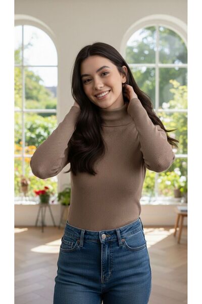 THEBEK Women's Turtleneck Long Sleeve Knitted Beige