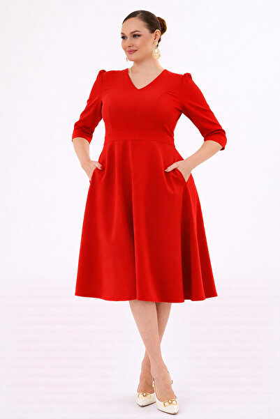 RURIS Kadın Kırmızı V Yaka Cepli Truvakar Kol Midi Kloş Double Kumaş Büyük Be...