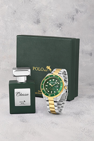 Poloair Mercek Takvimli Erkek Kol Saati Ve 55 ml Parfüm Seti Gold Gümüş Yeşil...