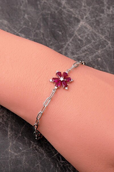 Sümer Telkari Yakut Taşlı Lotus Rodyumlu 925 Ayar Gümüş Ataç Bileklik 4936