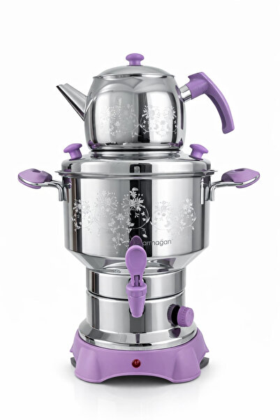 Armağan Elit Electric Samovar - 4.5 Liters - Lilac Hardware - White Floral Pa...
