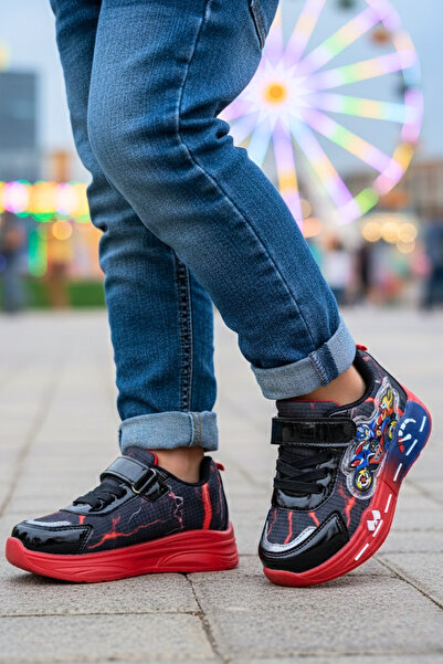 Ekonomik Ayakkabı Boys' Black Red Sports Shoes Sneakers Velcro Racing Pattern...