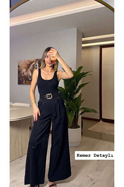 Dilvin 72206 Pileli Saten Geniş Pantolon - Siyah