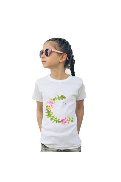 Printoot Girls White T-Shirt Featuring Pink Floral Crescent Moon and Leaf Wre...
