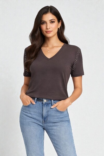 LE CARAMBOLE Women's Brown Shoulder Stone Detailed T-Shirt