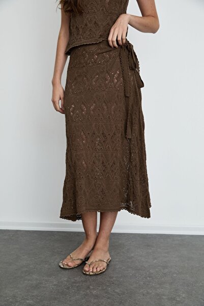 Serianno Organik Pamuk Karışımlı Kuşak Detaylı Ajurlu Etek