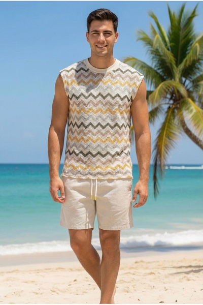 MADZEYMODA Yellow Zigzag Striped Men's Retro Patterned Crew Neck Mercerized K...