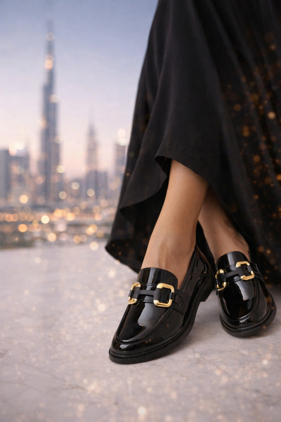 OUTLET41 Black Shiny Patent Leather Women's Casual Loafers Shoes with Gold Ac...