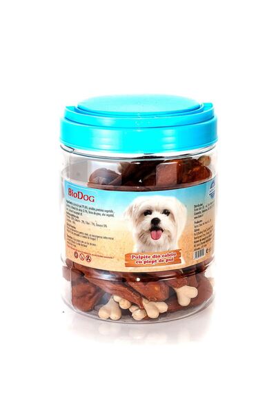 Biodog RECOMPENSE PENTRU CAINI PULPITE DIN CALCIU CU PIEPT DE PUI 500G/CE-16H