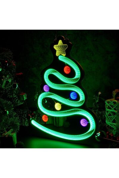 OEM Panou neon 3D cu efect de oglindă, brad de Crăciun, 50x39 cm, USB, 10 mod...
