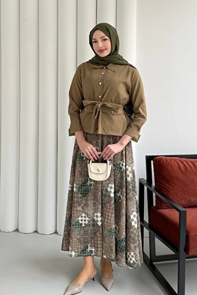 Modaensarbutik Ceketi Paraşüt Kumaş Etekli Tesettür Takım-HAKİ YEŞİL
