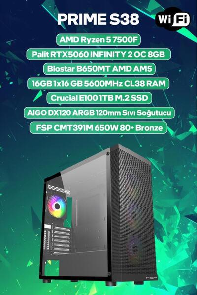 Game Garaj Prime S38 AMD Ryzen 5 7500F 16GB RAM 1TB SSD RTX5060 120mm Sıvı So...