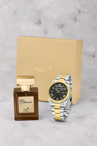 Poloair Ay Gün Gösterge Takvimli Erkek Kol Saati Ve 55 ml Parfüm Seti Gold Gü...