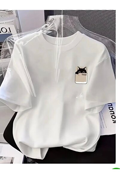 GKN FASHİON Unisex Cat Printed Basic Summer T-Shirt