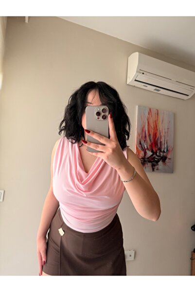 dessi butik Pembe Degaje Yaka Likralı Sandy Kadın Bluz