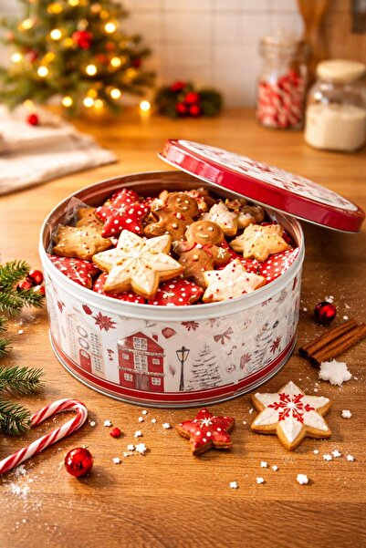 ela777 Snow Winter Themed Metal Cookie Storage Container Round Metal Box 19*9 cm