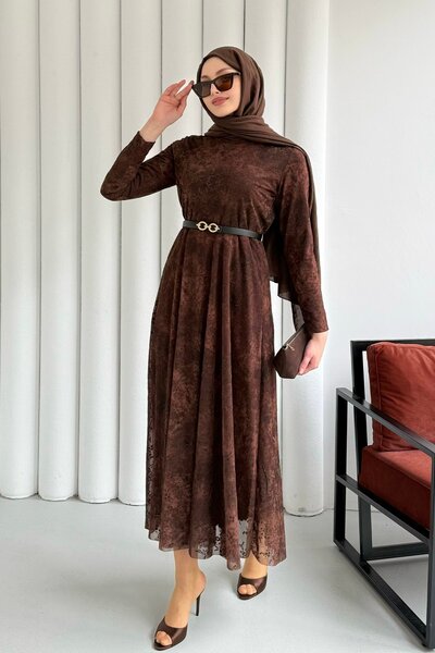 Modaensarbutik Astarlı Flok Baskılı Tesettür Elbise-KAHVERENGİ