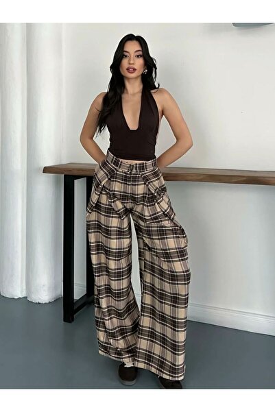 asur boutique Pantaloni de damă Asur Butik cu detaliu eșarfă ecosez