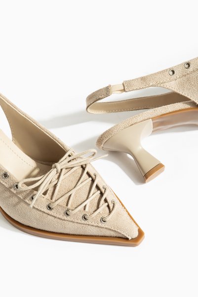 camaiore Beige Suede Women's Pointed Toe Heeled Shoes New Classic