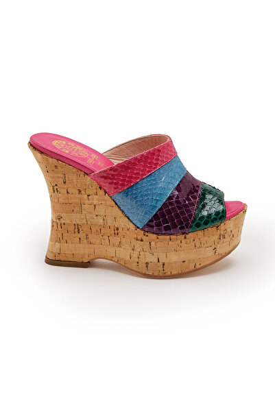 CANES AYAKKABI Kadın Renkli Yılan Mantar Alt Dolgu Topuklu Terlik