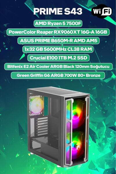 Game Garaj Prime S43 AMD Ryzen 5 7500F 32GB RAM 1TB SSD RX9060XT 16GB FreeDOS...