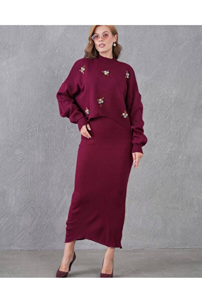 NEWCO Floral Stone Embroidered Maxi Dress and Bolero Two Piece Knitwear Set