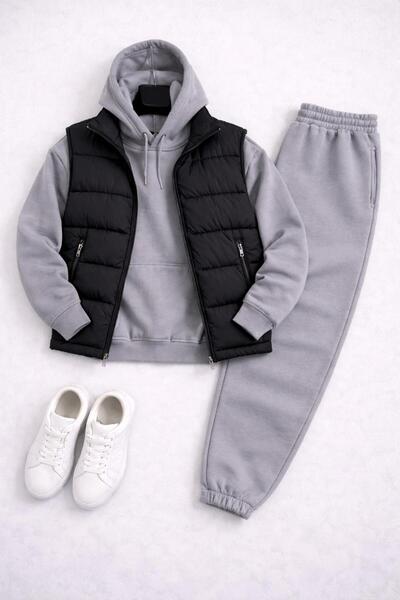 WENMİNG Men's 3-Thread Tracksuit Set K Hooded Y Vest Set 3-Piece Full Combina...