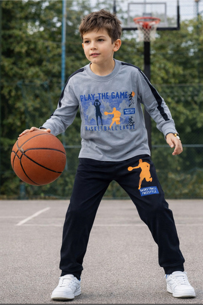 Tarık Erkek Çocuk Basketbol Baskılı Pijama Takımı Uzun Kollu Gri-Siyah