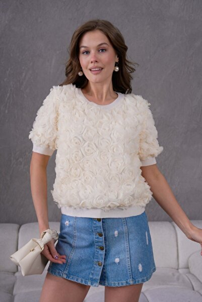 Noi Belis Rose Detailed Crew Neck Knitwear Blouse Ss26Bz0036