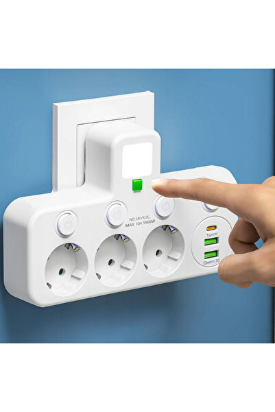 zola Multi-socket adapter 3 sockets 2xUSB-A USB-C switch 20x12x8 cm white