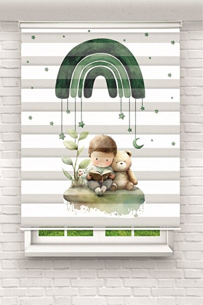 BASKICINIZ Yeşil Gökkuşağı Altında Uyuyan Bebek Desenli Zebra Perde - YZN-1142