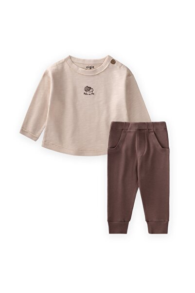 Cigit Embroidered Long Sleeve Baby Set 0-3 Years Beige