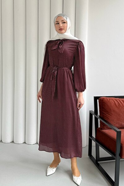 Modaensarbutik Puantiye Desen Balon Kol Kuşaklı Saten Tesettür Elbise-BORDO