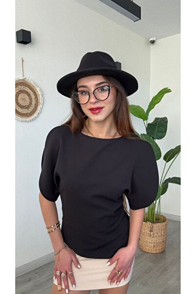 modadagiyim Women's Blouse with Balloon Sleeves and Window Detail, Atlas Fabr...