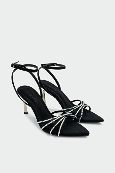 LAMİNTA Skate Crystal Stone Black Satin Women's Heeled Shoes