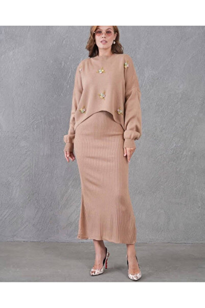 NEWCO Floral Stone Embroidered Maxi Dress and Bolero Two Piece Knitwear Set