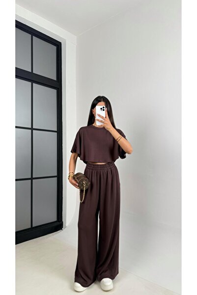 Gaus Kahve Crop Beli Lastikli Palazzo Eşofman İkili Modal Kumaş Takım GAUS-01219
