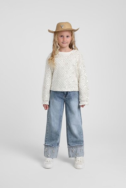 Escabel Girl's 5-14 Years Old Sequin Embroidered Double Knit Blouse Ecru