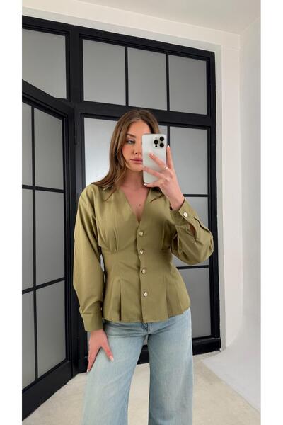 Gaus Yeşil Gold Düğmeli Belden Oturtmalı Gömlek GAUS-01230