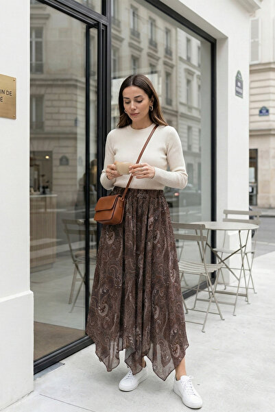 MODAQU Еластична талия, асиметрична кройка, подплатена шифонна пола - кафява