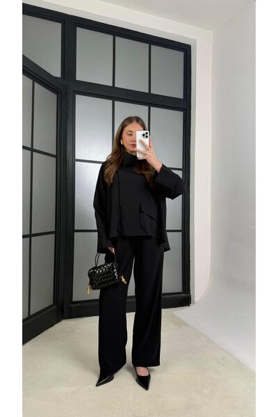 Gaus Siyah Gömlek Beli Lastikli Pantolon Cep Detaylı Muadil Tencel Takım GAUS...