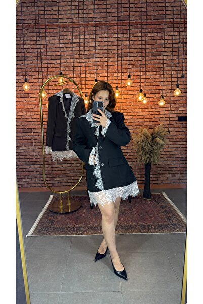 Miss Beyoğlu Women's Gray Lace Detailed Blazer Jacket Dress