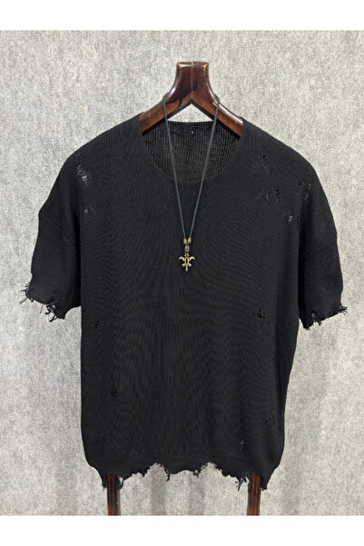 FıttingRoom Oversize Laser Frayed Black Knitwear Tshirt