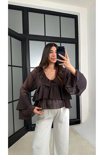 Gaus Acı Kahve Fırfır Detaylı Transparan Bluz GAUS-01233