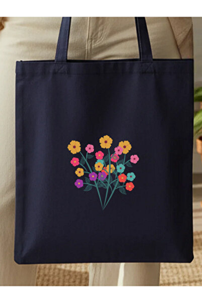 junobi Çiçek Baskılı Lacivert Gabardin Çanta - 35x40 cm