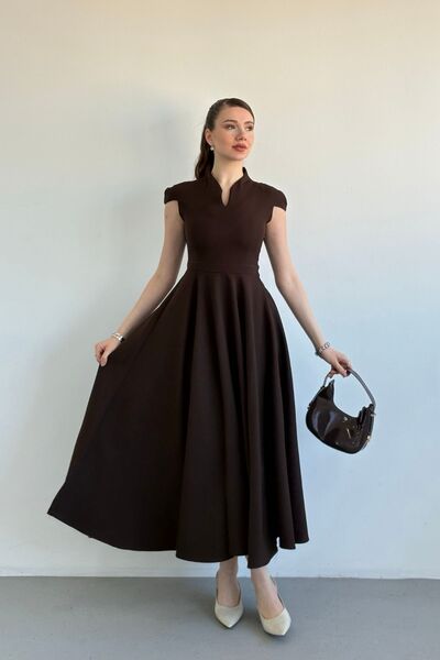 FMN Butik Princess Model Flared Skirt Dress V Mock Neck Fitted at the Waist P...