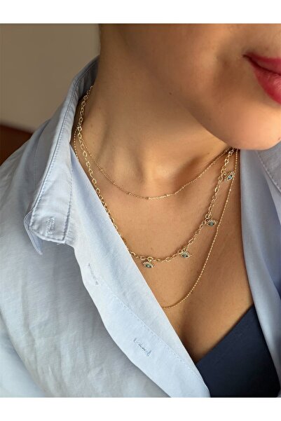 DGK COLLECTİON 14K gold renk altın kaplama,mini mavi taş ve göz detaylı çoklu...